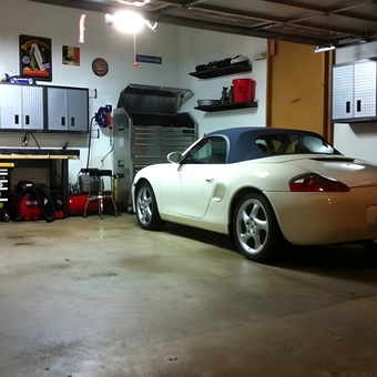Clean garage with metal cabinets and workbench - Clarence from Dallas, TX