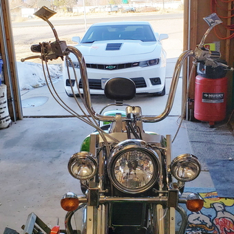 Custom motorcycle and Camaro in garage - Camaro boy from Parowan, UT