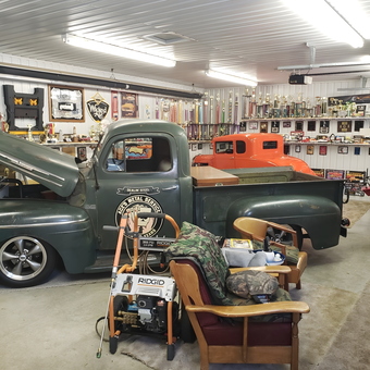 Classic Trucks, Power Washer, and Trophies in Organized Garage - Brian