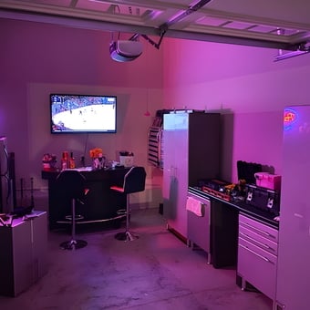 Garage Bar with Cabinets, Neon Sign, and TV - Kevin