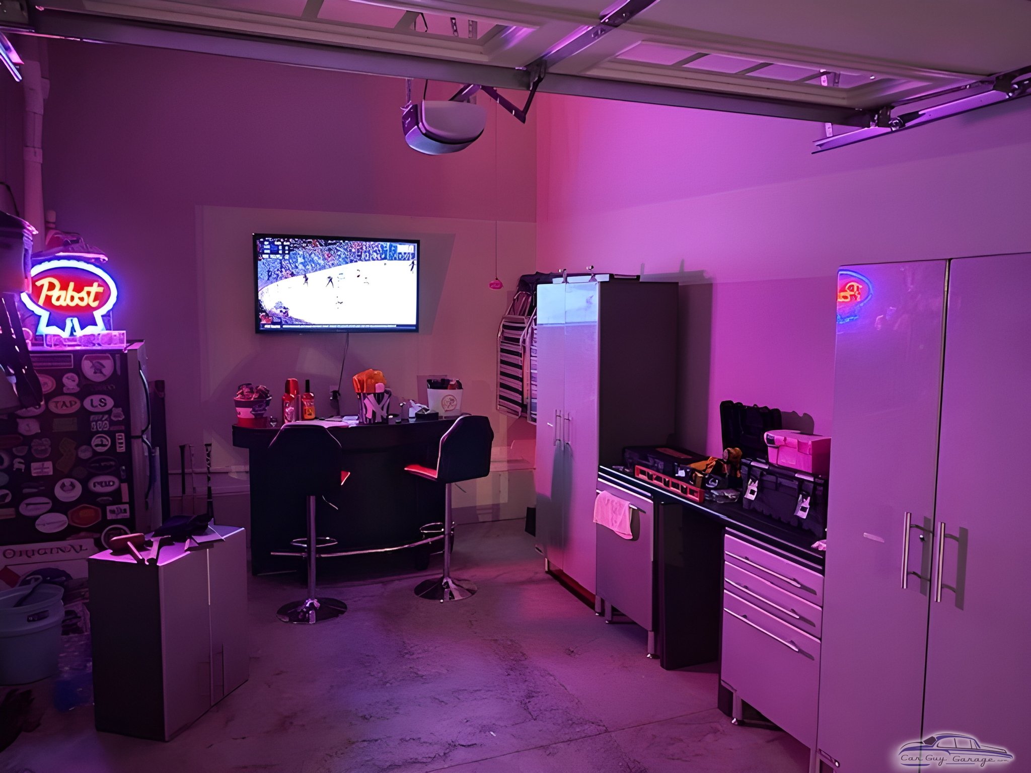 Garage Bar with Cabinets, Neon Sign, and TV - Kevin