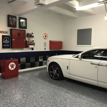Organized garage with Texaco fridge and red cabinets - Phil