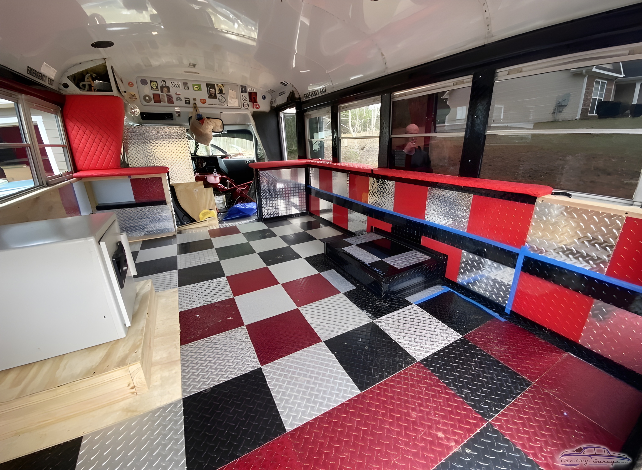 Custom Garage Bus Interior with Diamond Plate Cabinets - William