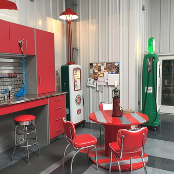 Retro Garage Decor with Gas Pumps and Red Cabinets - Pit Stop Mike from Hot Springs Village, AR