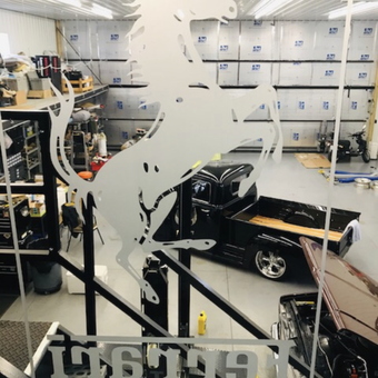 Garage with Prancing Horse Metal Art and Classic Cars - Tom