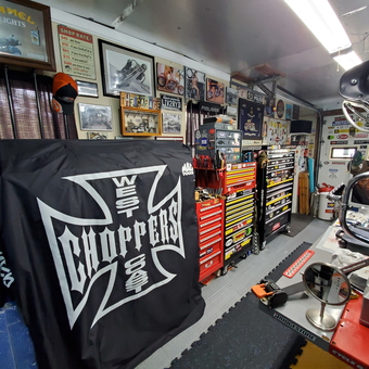 Motorcycle Garage With Tool Chests and Wall Art - IWrench from WINTERPORT, ME