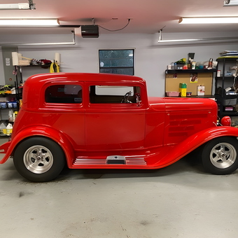 Classic Red Hot Rod and Organized Garage Shelves - Benny from Baton Rouge, LA
