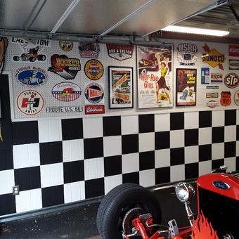 Garage with Racing Signs, Checkered Wall, Classic Car - PAPA from Auburn, NY