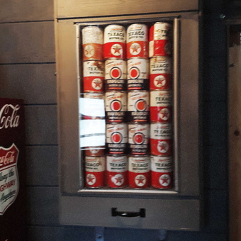 Vintage Texaco Oil Can Display Cabinet in Garage - PAPA from Auburn, NY