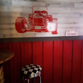 Retro Garage Bar With Checker Stool and Hot Rod Wall Art - PAPA from Auburn, NY
