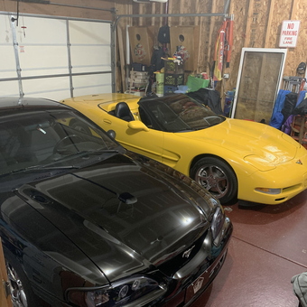 Organized garage with Mustang and Corvette - Cathy from Peotone, IL