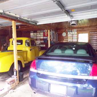 Classic Yellow Truck and Blue Sedan in Wood Garage - Paul from Centuria, WI