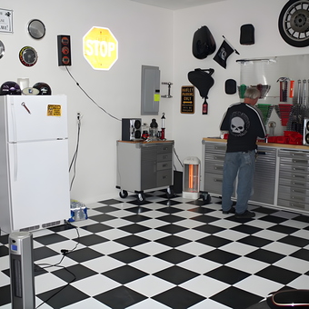 Organized garage with tool cabinets and checkered floor - Bobby from Elizabeth City, NC