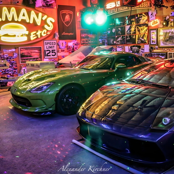 Exotic cars and neon garage signs display - Dave from Auburn, WA