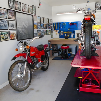 Motorcycle Garage with Lift, Tool Pegboard, and Wall Art - Rick from Yucca Valley, CA