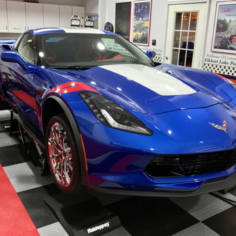 Blue Corvette on Lift with Race Decor Flooring - Jim from Mifflinburg, PA