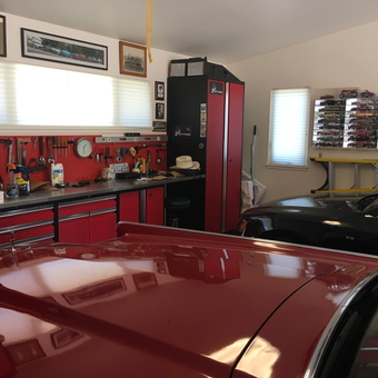 Red Tool Cabinets and Workbench in Organized Garage - Jeff from Sebastopol, CA