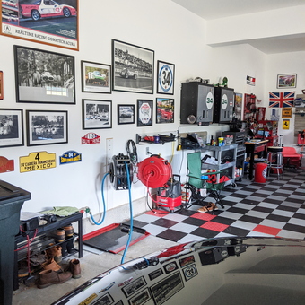 Racing Decor Garage with Cabinets and Hose Reel - Rich from Kittery, ME