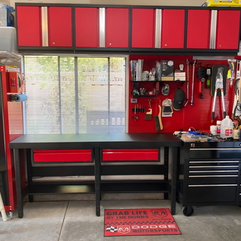 Red Garage Cabinets, Pegboard, and Workbench Setup - Joel from Walnut Creek, CA