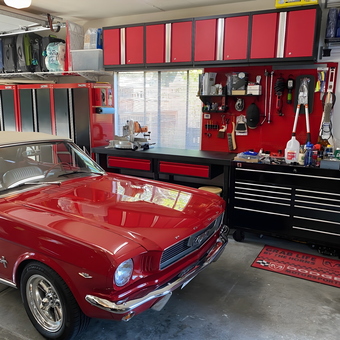 Organized Garage with Red Cabinets and Classic Car - Joel from Walnut Creek, CA