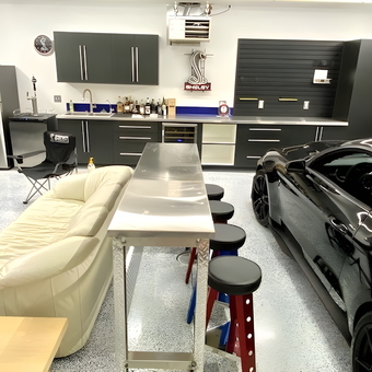 Modern Garage with Cabinets, Workbench, and Bar Stools - Bruce