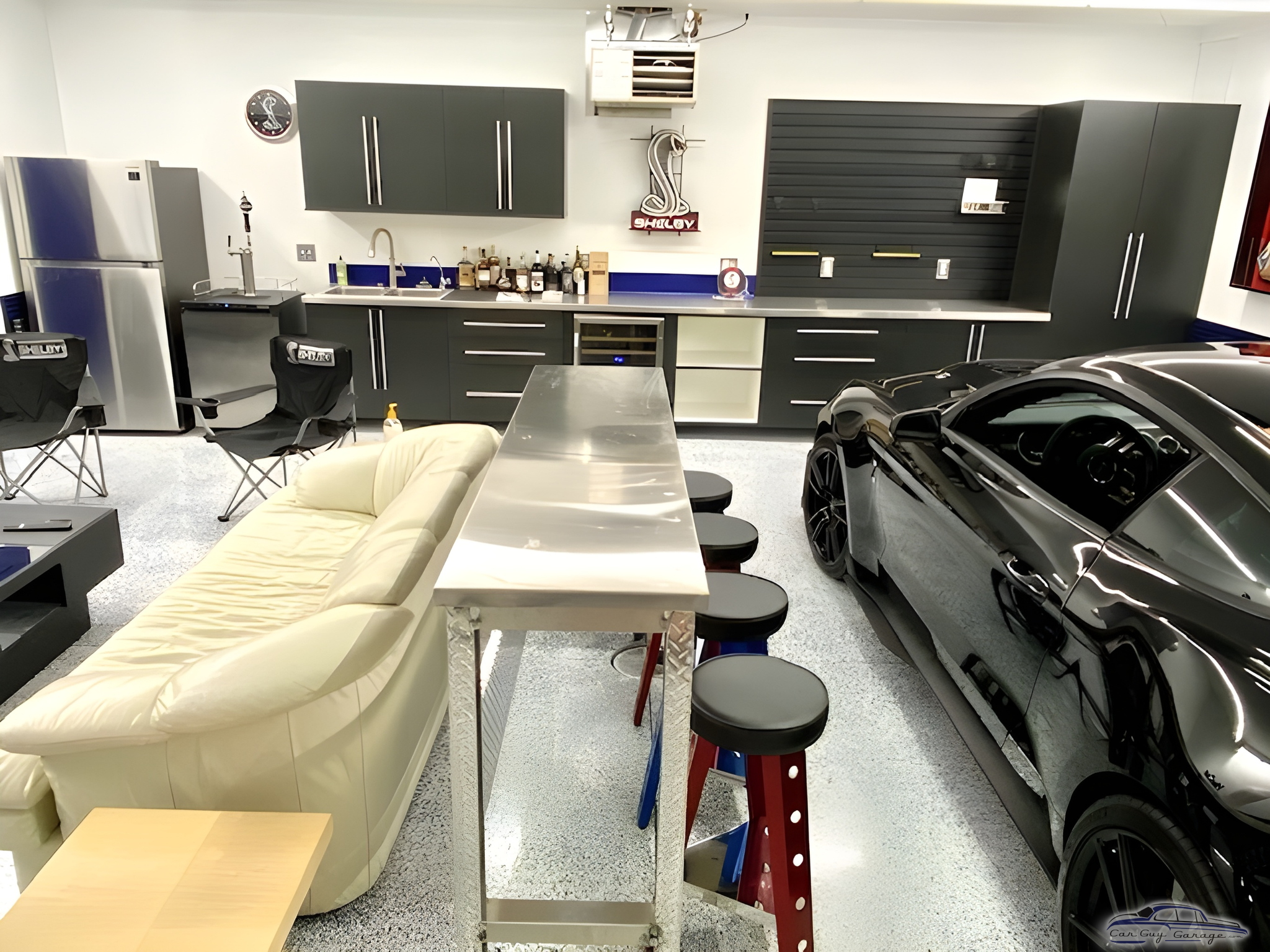 Modern Garage with Cabinets, Workbench, and Bar Stools - Bruce