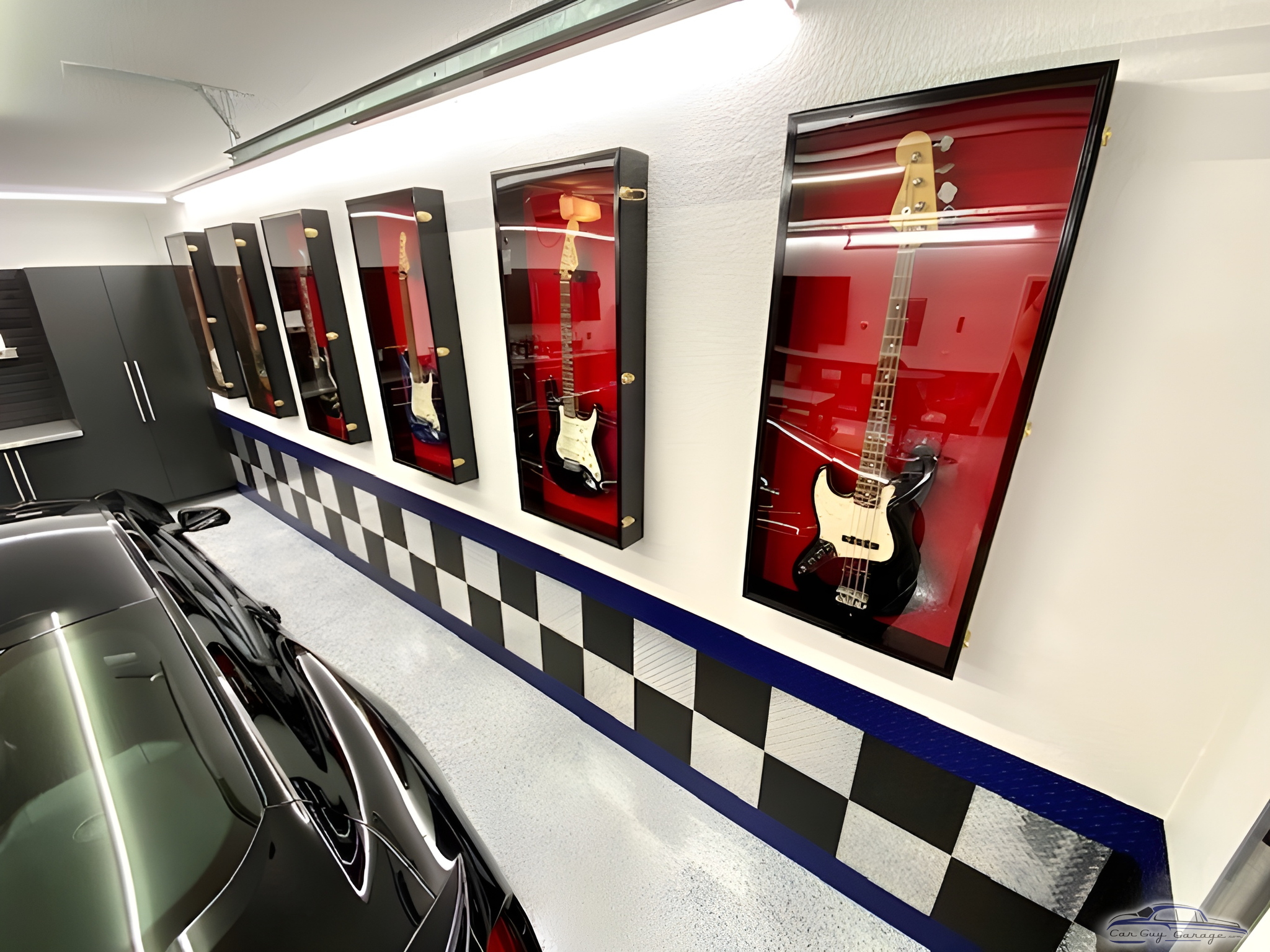 Garage with Guitar Display Cases and Checkered Wall Panels - Bruce