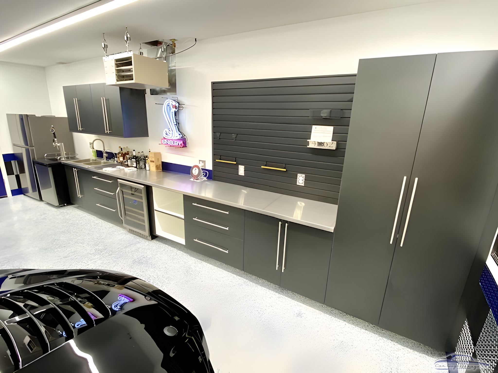 Modern Garage Cabinets With Stainless Countertop and Slatwall - Bruce