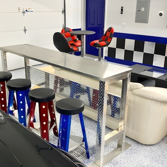 Garage Bar with Metal Stools and Racing Chairs - Bruce