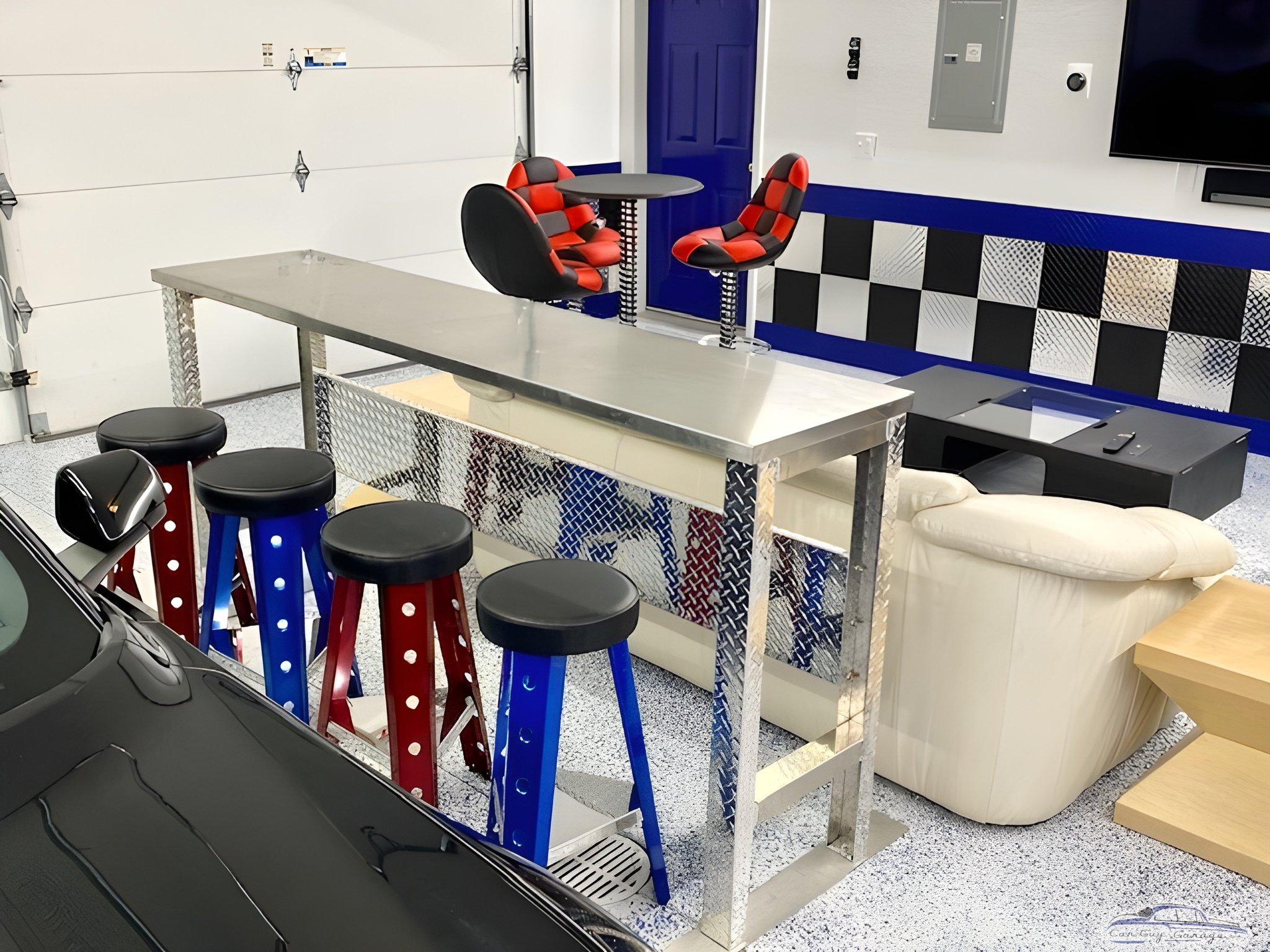 Garage Bar with Metal Stools and Racing Chairs - Bruce