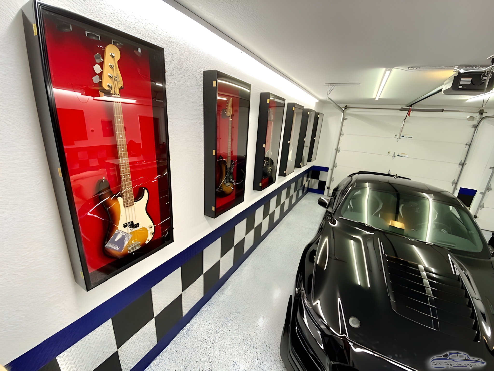 Modern Garage With Display Cases, Checkered Wall, and Sports Car - Bruce