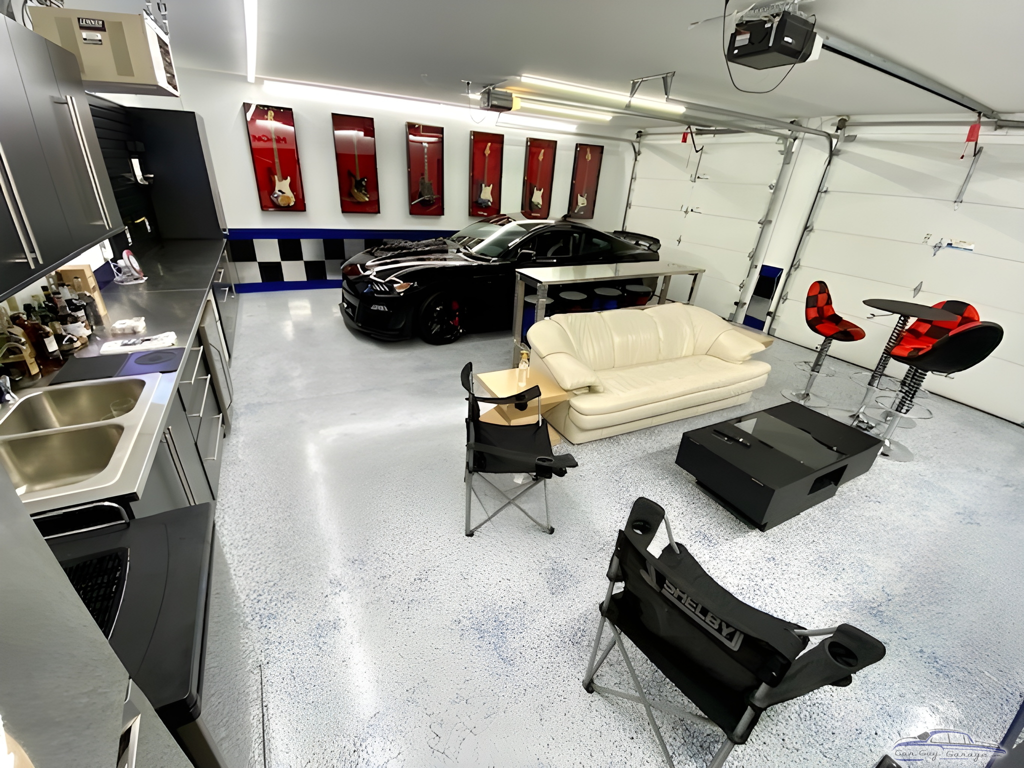 Modern Garage With Bar Stools, Cabinets, and Lounge Seating - Bruce