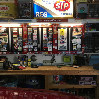 Organized garage workbench with tool cabinets and storage - Chris from Huntersville, NC