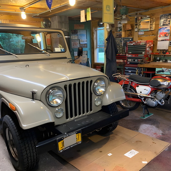 Classic Jeep and Motorcycle in Organized Garage - Gary from Carthage, NY