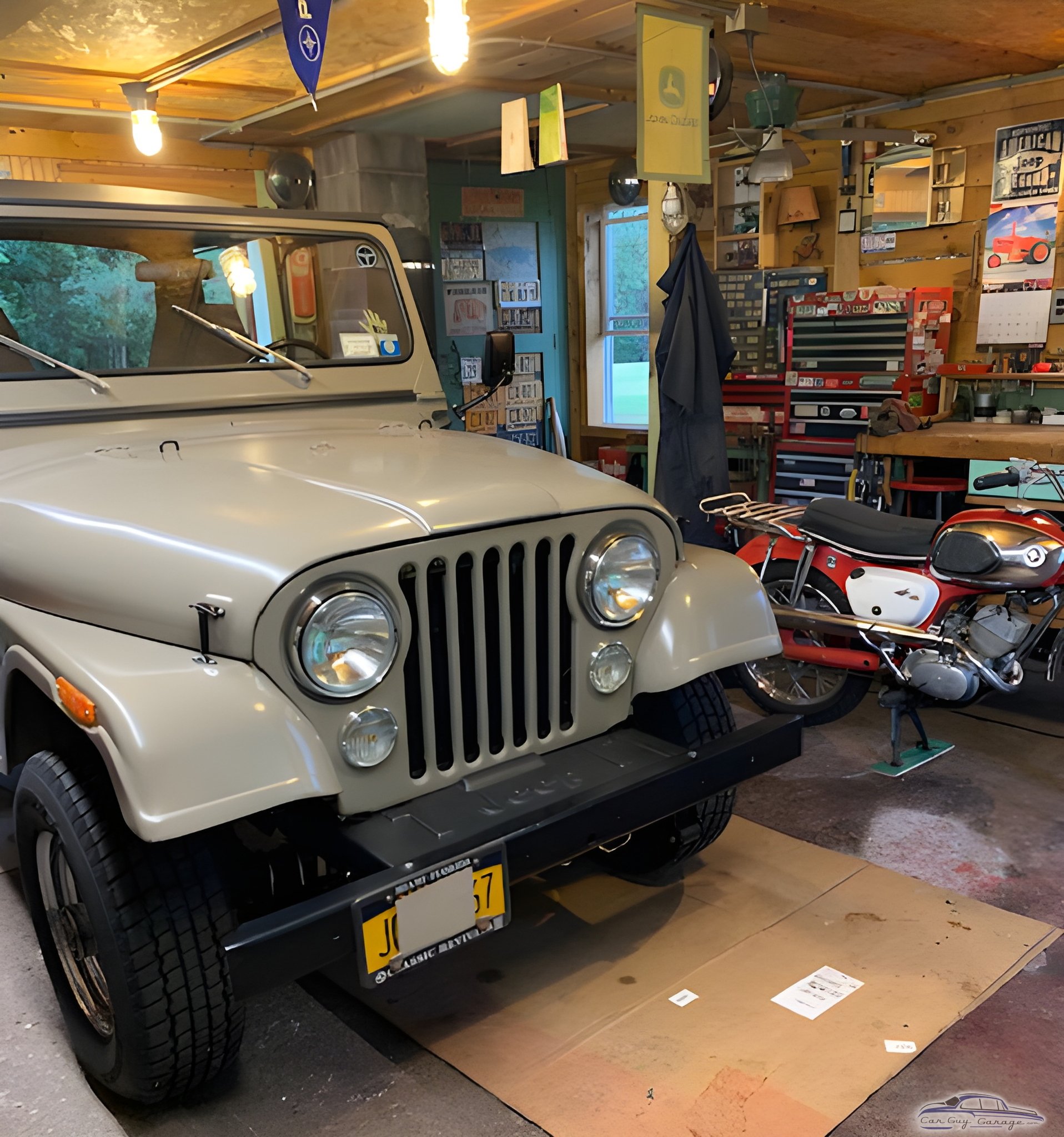 Classic Jeep and Motorcycle in Organized Garage - Gary from Carthage, NY