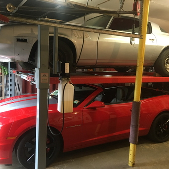 Two Camaros on Four Post Car Lift in Garage - Ken from Shamong, NJ