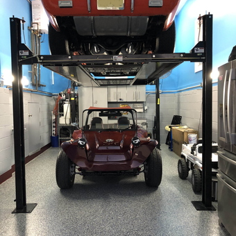 Classic Car Lift with Two Vehicles and Storage Cabinets - Doug from NJ