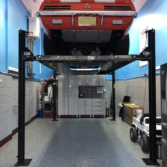 Four post car lift and organized garage cabinets - Doug from NJ