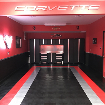 Red Corvette Themed Garage With Cabinets and Flooring - Jim from Mifflinburg, PA