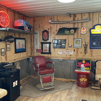 Garage Bar Decor with Neon Signs and Retro Chair - Jonnyo from Pomeroy, IA