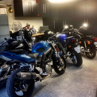 Motorcycle-Filled Garage With Black Cabinets - David from Arlington, TX