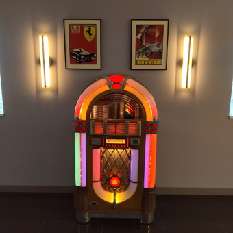 Classic Jukebox with Ferrari Wall Art and Sconces - Dan