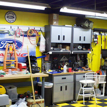 Organized garage with metal cabinets and workbench - Jerry from Huntsville, AL