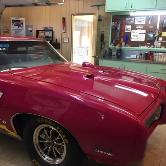 Classic Muscle Car and Organized Garage Workspace - Art from Rialto, CA
