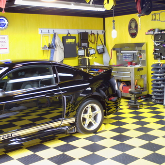 Organized Cobra Garage with Checkered Floor and Tools - Jerry from Huntsville, AL