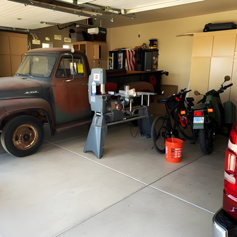 Organized garage with vintage truck, bikes, and cabinets - Colvin from Las Vegas, NV