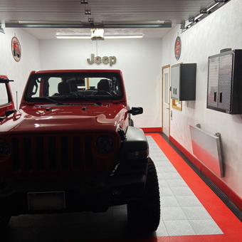 Red Jeep in Custom Garage with Wall Cabinets - Jeff's Jeep Garage