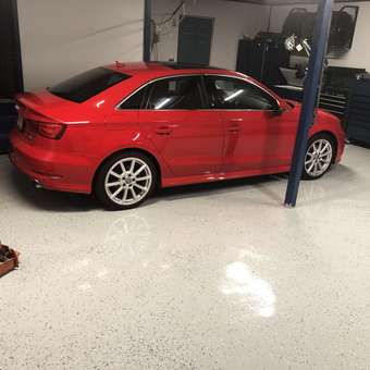 Epoxy Garage Floor with Tool Cabinets and Red Car - Rob from Palmer, MA