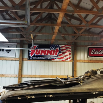 Garage with Summit and Edelbrock Banners and Kayaks - Jeff from Berea, KY