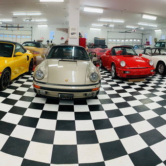 Classic Car Collection in Garage with Checkered Floor - Jim from Durham